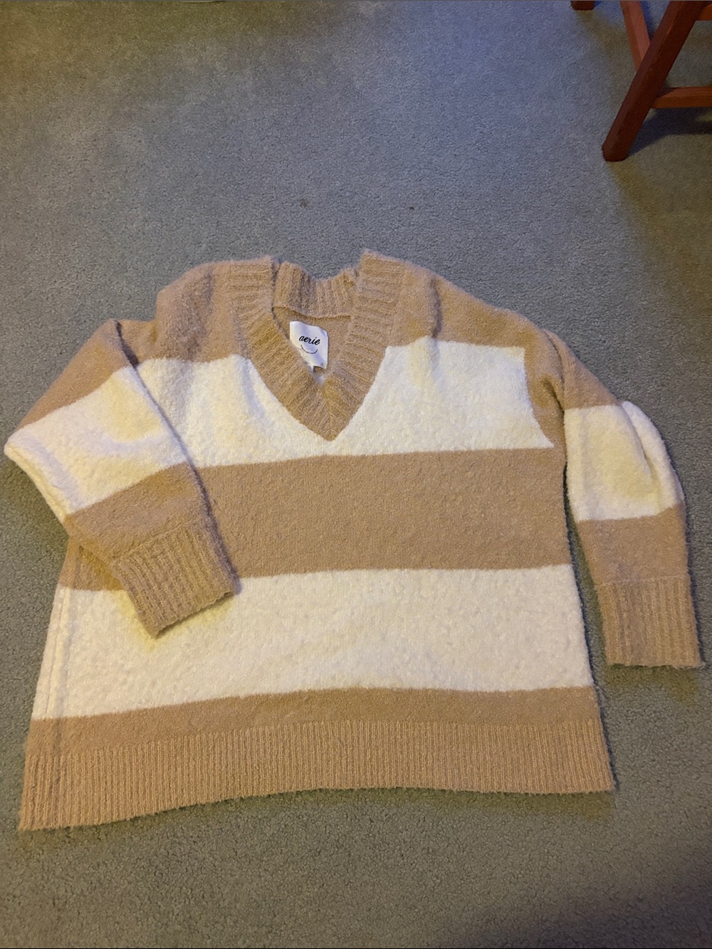 aerie Striped V-Neck Sweater in Cream and Tan